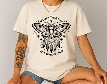 Celestial Moth Boho Shirt, Dreamcatcher Moon Graphic Tee, Spiritual Comfort Colors T-Shirt, Witchy Gothic Butterfly Quote Gift