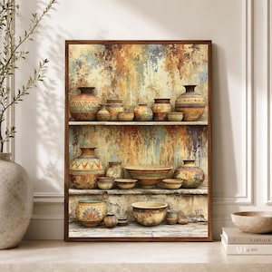 Antique Pottery Wall Art, Vintage Ceramic Poster, Rustic Still Life Canvas, Mediterranean Vase Print, Best Selling Kitchen Dining Decor Gift