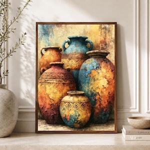 Tuscan Pottery Wall Art, Vintage Ceramic Poster, Antique Still Life Canvas, Mediterranean Vase Print, Best Selling Kitchen Dining Decor Gift
