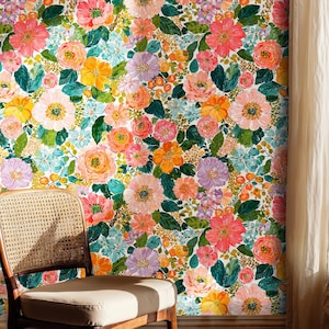 Handgemalte florale Peel and Stick-Tapete, bunte abstrakte, mutige Blumenwandbild, botanische Tapete, abnehmbares geblümtes Wandbild