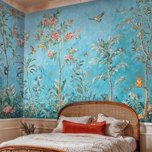 Teal Chinoiserie Tropical Peel and Stick Wallpaper, Luxus-Dschungel-Wandbild Exotische Vögel und Affen, Abnehmbares botanisches Tapetenwandbild