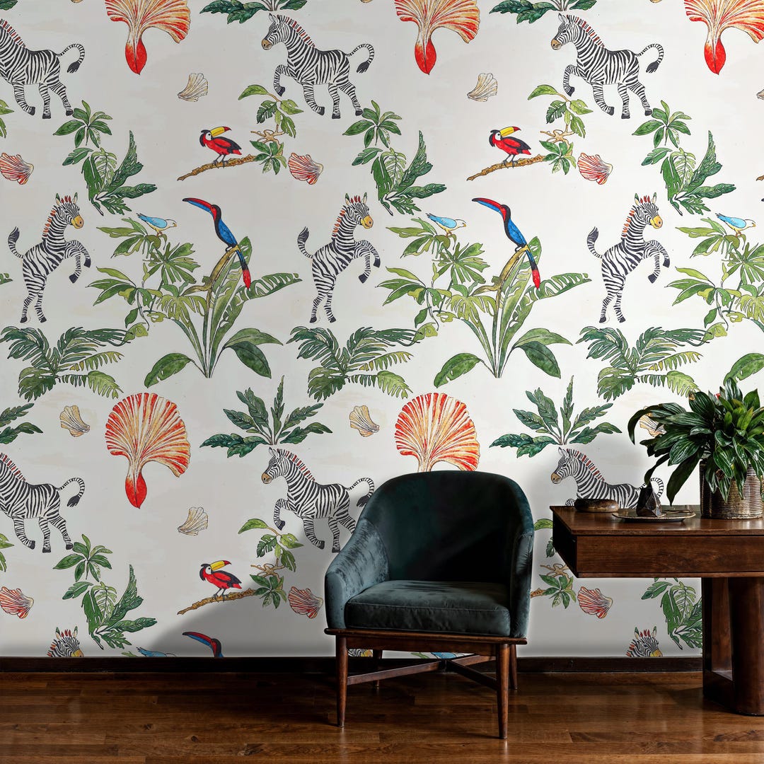 Soft Jungle Botanical Mural Wallpaper, Toucan and Zebra Peel and Stick ...