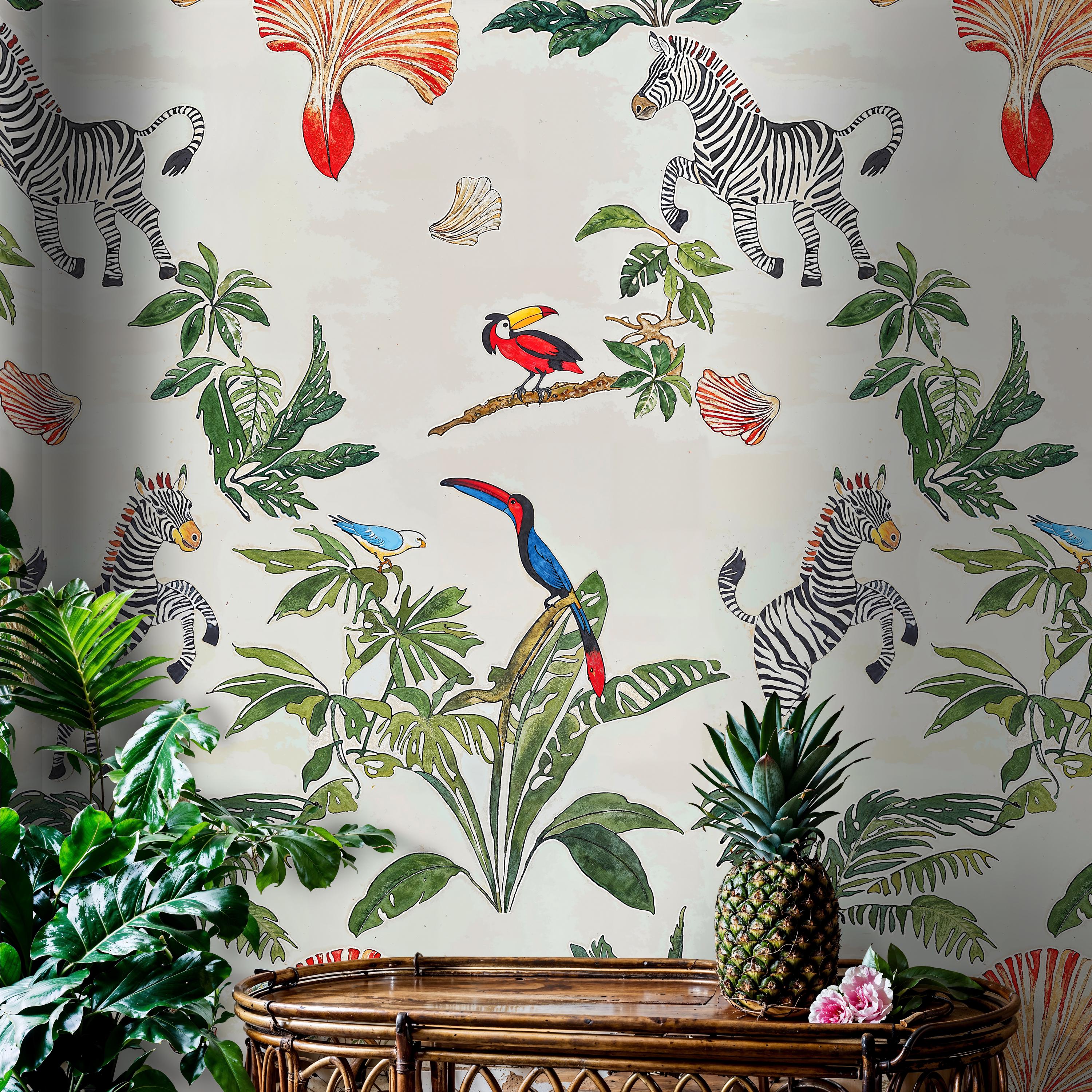 Soft Jungle Botanical Mural Wallpaper, Toucan and Zebra Peel and Stick ...