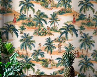 Retro Hawaii Wandbild Tapete, üppige Tropische Palmenschale und Stick-Tapete, Abnehmbares Wandbild der Hawaii-Insel, Traditionelle Tapete