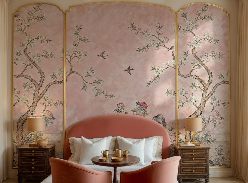 Pink Chinoiserie Wallpaper, Cherry Blossom Sakura Floral Wall Mural ...