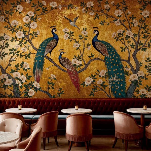 Papel de Parede Adesivo com Pavão em Estilo Chinoiserie Dourado, Revestimento de Parede de Luxo com Pássaros e Flores