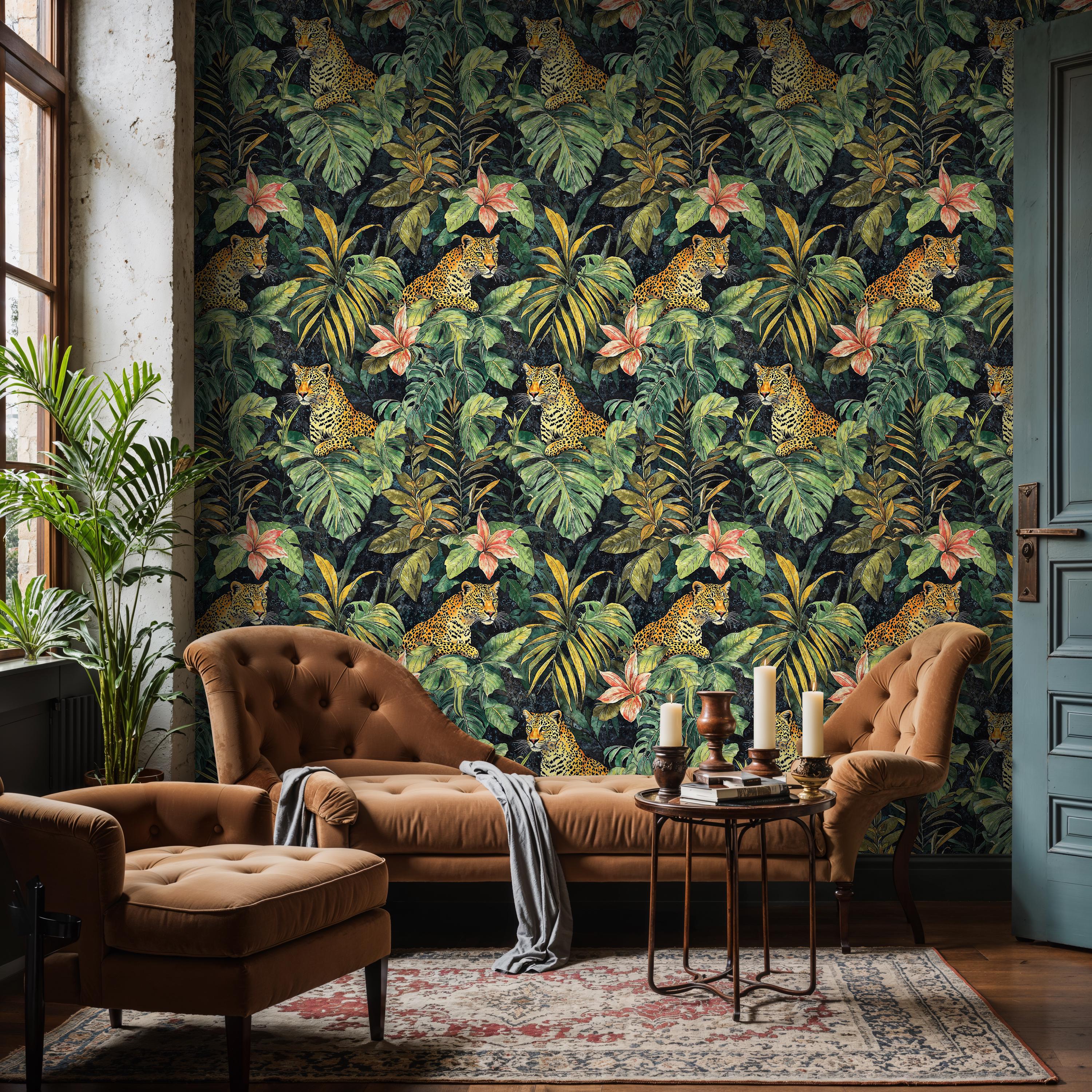 Leopard Jungle Botanical Wallpaper Peel and Stick, Exotic Palm Leaves ...