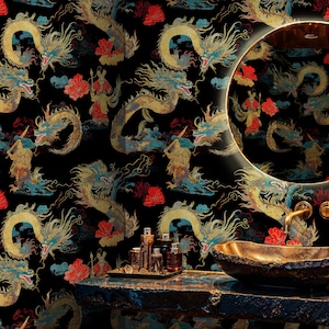 Dark Dragon Peel and Stick Wallpaper, Fantasy Chinese Warrior Wall Mural, Black and Gold Asian Inspired Oriental Wallpaper for Accent Wall