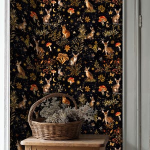 Woodland Animals Peel and Stick Wallpaper, Dark Forest Wall Mural, Enchanted Botanical Bunny and Mushroom Celestial Mural