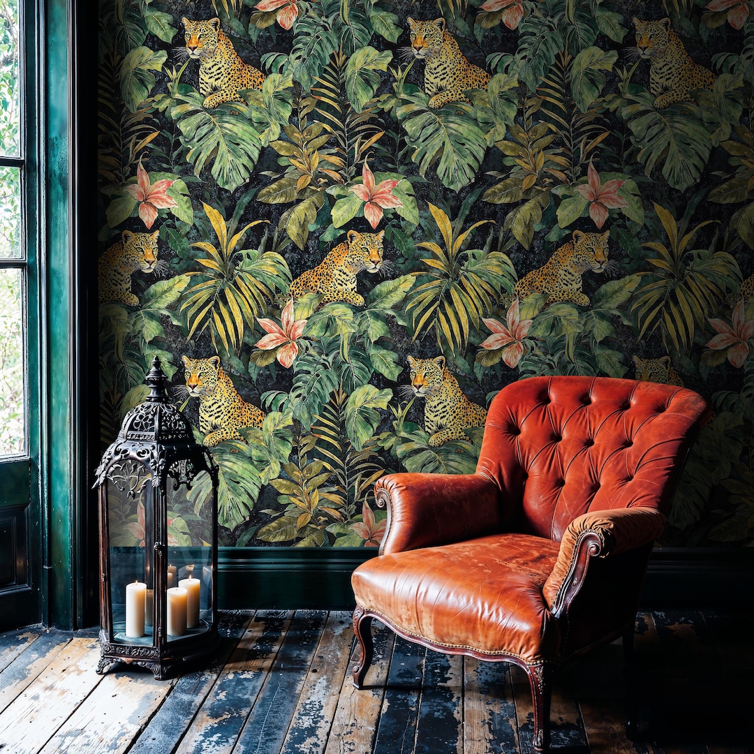 Leopard Jungle Botanical Wallpaper Peel and Stick, Exotic Palm Leaves ...