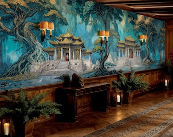 Panoramiczna tapeta samoprzylepna w kolorze turkusowym w stylu Chinoiserie, fototapeta z azjatyckim krajobrazem, tapeta ścienna z pagodą i ogrodem zen