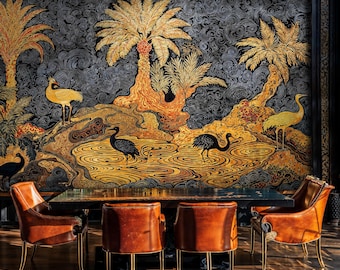 Luxe chinoiserie-kraanvogelbehang, panoramische Aziatische Peel and Stick-muurschildering, verwijderbaar Chinees bomenbehang