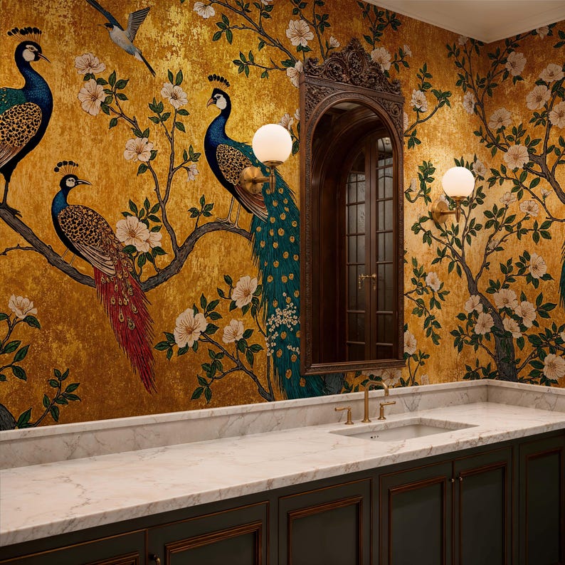 Gold Chinoiserie Peacock Peel and Stick Wallpaper Mural, Luxury Bird ...