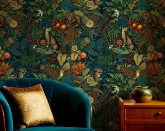Dark Jungle Peel and Stick Wallpaper: Whimsical Botanical Animals Wall Mural