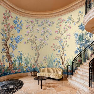 Soft Chinoiserie Wallpaper Peel and Stick, Panoramic Asian Trees and Flowers Wall Mural, Chinese Floral Wallpaper Mural