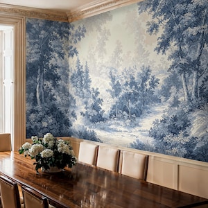 Carta da parati con paesaggio in tela blu, carta da parati adesiva stile country francese, carta da parati murale con paesaggio da incollare sulla parete, rivestimento murale con paesaggio blu