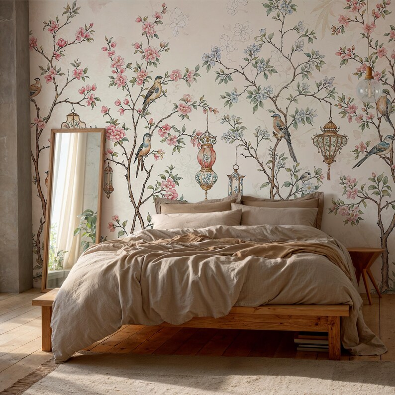 Elegant Chinoiserie Floral Wallpaper Peel and Stick, Cherry Blossom ...
