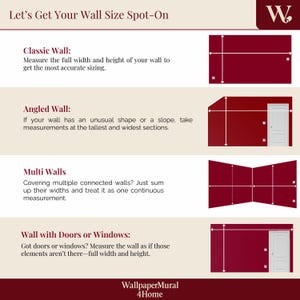 K&ouml;nnte beinhalten: Infografik mit Anweisungen zum Messen von W&auml;nden f&uuml;r Tapeten. Der Text lautet: &bdquo;So ermitteln Sie die Wandgr&ouml;&szlig;e.&ldquo; Diagramme zeigen, wie man klassische, schr&auml;ge und mehrfach W&auml;nde sowie W&auml;nde mit T&uuml;ren oder Fenstern misst. Das WallpaperMural 4Home-Logo befindet sich unten.