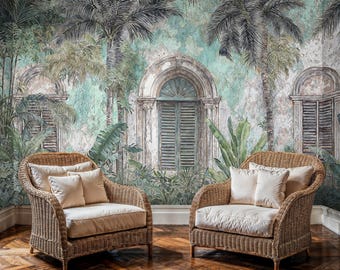 Tropische Palme mit Architektur Wandbild, Aquarell Bananenblätter Koloniales Wandbild, Regenwald Peel und Stick Tapete