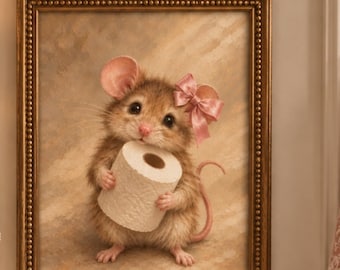 Grappige muis voor aan de badkamermuur, print van een muis die toiletpapier vasthoudt, schattige vintage badkamerdecoratie, speelse cottagecore kunst, digitale download
