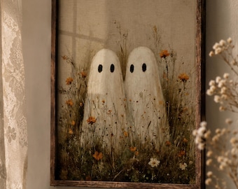Ghost Couple in Flowers Print | Vintage Cottagecore Halloween Wall Art (Digital Download)