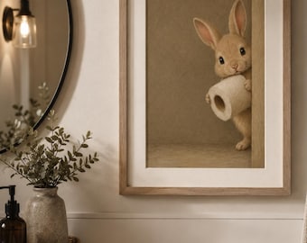 Funny Bunny Bathroom Wall Art Printable, Toilet Paper Mouse Print, Whimsical Animal Decor, Vintage Digital Download