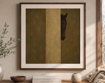 Minimalist Horse Oil Painting Print, Khaki Green Abstract Wall Art (Digital Download)