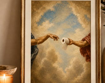 Funny Bathroom Wall Art, Michelangelo Toilet Paper Parody Humor Print