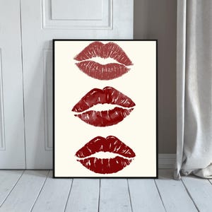Red Lipstick Kiss Wall Art, Kiss Lips Print, Trendy Lipstick Kisses Dorm Room Decor, Girly Wall Print, Aesthetic Red Art Print PRINTABLE