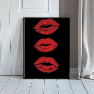 Black Background Red Lips Wall Art, Red Lipstick Kiss Print, Glam Fashion Wall Decor, Pop Art Bathroom Poster Digital Download Printable Art