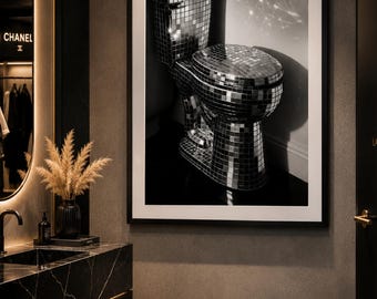 Lámina decorativa para inodoro con diseño de bola de discoteca – Decoración de pared para baño con estilo glamuroso (Descarga digital)