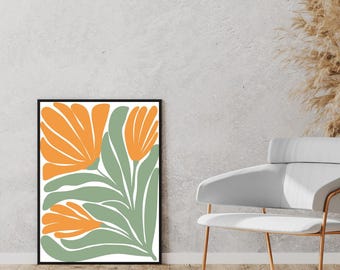 Retro Orange Floral Print, Minimalist Botanical Art (Digital Download)