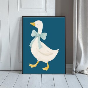 Silly Goose Wall Art Cute Goose Poster Beige Nursery Decor Farm Animal Printable, Blue Coquette Room Decor Girl&#39;s Room Goose with Bow Print