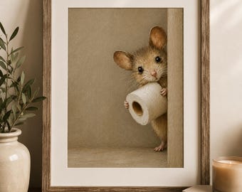 Funny Mouse Toilet Paper Bathroom Art Print, Whimsical Animal Decor (Digital Download)