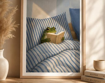 Reading Frog Wall Art: Book Lover Wall Decor, Cozy Bedroom Animal Poster