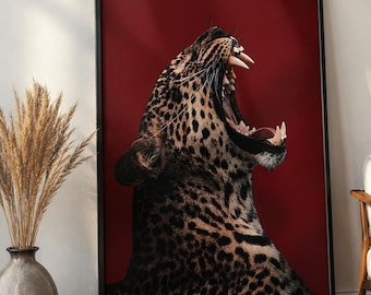 Red Roaring Leopard Art Print: Luxury Modern Home Decor (Digital Download)