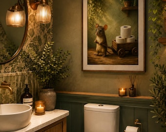Muurdecoratie met een muis die aan het toiletpapier trekt, grappige en originele print voor de badkamer, decoratie voor het gastentoilet.
