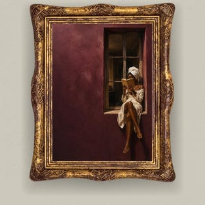 May include: A framed wall art print featuring a dark maroon wall with a window. A person with a white head wrap and white robe sits on the window ledge reading a book. The frame is ornate, textured, and finished in a distressed antique gold color.