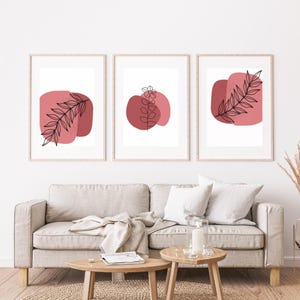 Terracotta Botanical Wall Art Set of 3 – Minimalist Boho Plant Prints – Red Abstract Line Art for Modern Home Decor