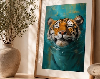 Majestic Tiger Wall Art – Wildlife Painting, Teal Water Poster (Digital Download)