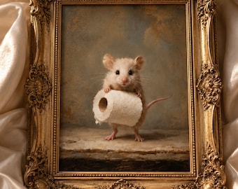 Grappige muis voor in de badkamer, humoristische muurprint met toiletthema, speels vintage muisschilderij, originele badkamerdecoratie, grappig cadeau voor een housewarming.