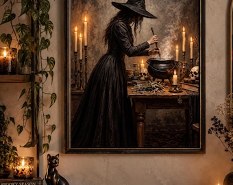 Kocioł do mieszania czarownic, dekoracja ścienna w stylu dark cottagecore na Halloween, obraz czarownicy w stylu vintage gotyckim, wydruk z upiorną apteką, pobieranie cyfrowe