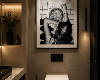 Lámina para fiesta post-disco, arte mural glamuroso para el baño, póster vintage en blanco y negro (descarga digital)