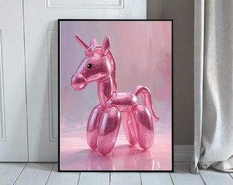 Pink Disco Balloon Animal Print – Glossy Horse, Whimsical Wall Art (Digital Download)