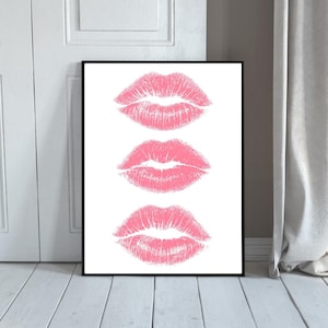 Kiss Lips Wall Art Print , Pink Kisses Digital Print, Trendy Printable Poster, Girly Print, Coquette Decor, Apartment Aesthetic