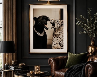 Arte de parede com pantera e leopardo, corrente dourada, grandes felinos, pôster maximalista de guepardo (download digital)