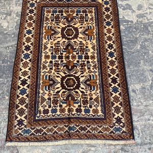 Handmade Afghan Wool Rug: 2&#39;11 x 4&#39;3 Geometric Balochi Design