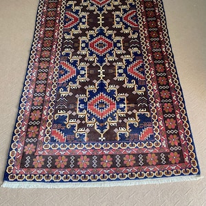 Handmade Afghan Herati Rug: Geometric Balochi Wool Carpet (4.1 x 7.3)