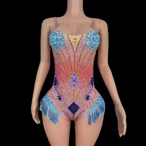 Colorful Rhinestone Fringe Bodysuit – Festival Dancewear, Sparkly Stage Outfit, Crystal Performance Leotard