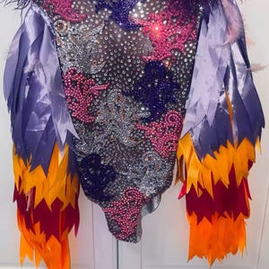 Carnival Phoenix Feather Bodysuit – Rhinestone Mesh Performance Costume with Dramatic Shoulder Plumes